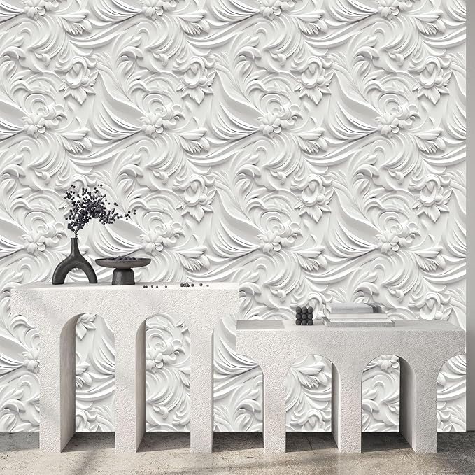 Peel and Stick Wallpaper White Gray Scroll Floral Modern - Image 3