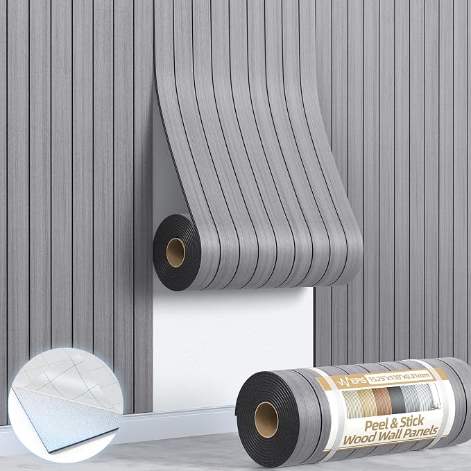 Peel and Stick Wood Slat Wall Panels, 3D PVC Faux Gray Wood Grain Wallpaper | 15.75"x118" Soundproof Wall Panels with Self Adhesive, Wall Coverning for Accent Walls Ceiling Bedroom Bathroom Kitchen Decor by NEPIS