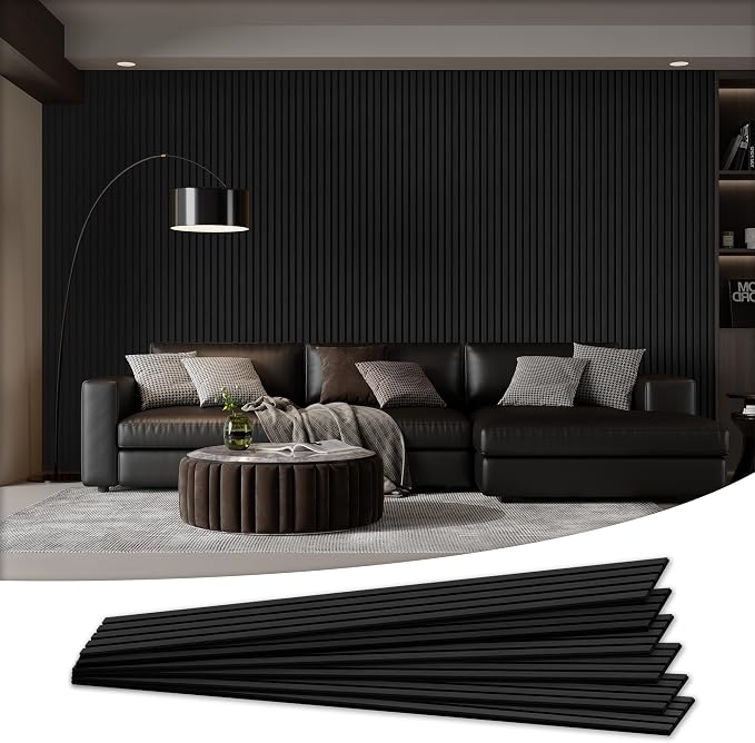 6 Pack Wood Salt Acoustic Wall Panels 94" x 7.9" x 0.8", Matte Black | 3D Fluted Soundproof Wooden Wall Panel, Sound-absorbing Wall Decor for Home Theater Studio Office Bedroom by LDB_BUILDING