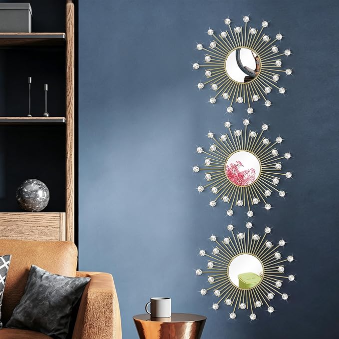 3 Pack Metal Mirrors for Wall Sunburst Wall Mirrors Home Décor Decorative Hanging Wall Art for Living Room Bedroom Entryway (Gold2 Crystal, Sunburst) - Image 4