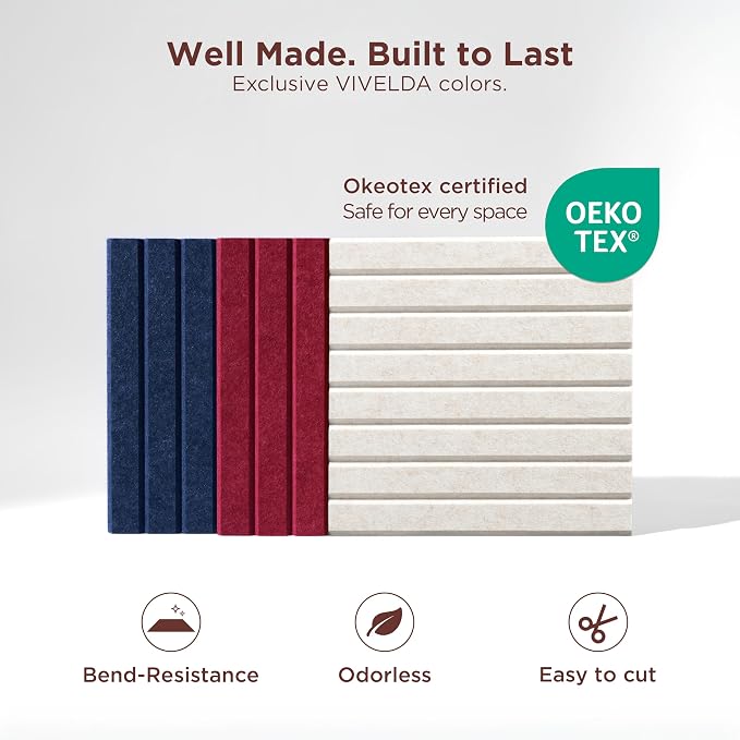 VIVELDA Large Felt Bulletin Board 48 x 36 Inch - 12-Pack Square Acoustic Wall Panels, Cork Board Alternative, NRC 0.95, Damage-Free Adhesive, Slatted Design for Home, Classroom (Black) - Image 4