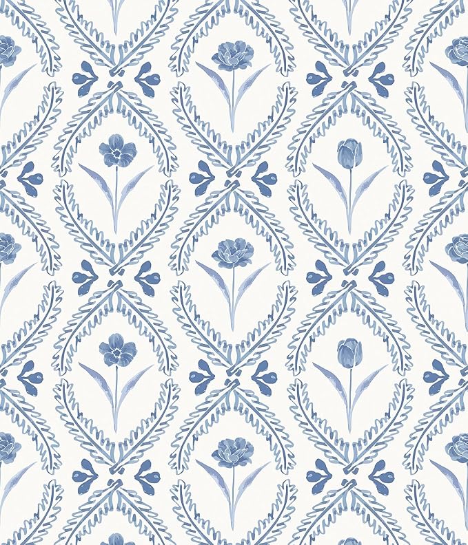 Orainege Floral Peel and Stick Wallpaper Blue Wallpaper | 16.9in x118.1in Self Adhesive Boho Flower Wallpapers for Bedroom Living Room Bathroom Decor Removable by Orainege