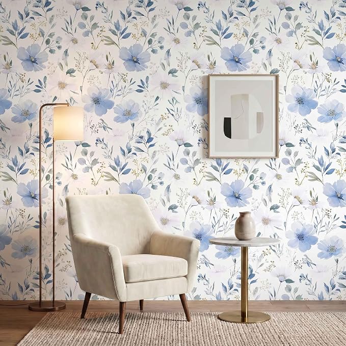 Light Blue Floral Peel and Stick Wallpaper, 17.7in x 70.8in | Self-adhesive and removable watercolor flower design for bedroom, living room, and accent wall - Image 7