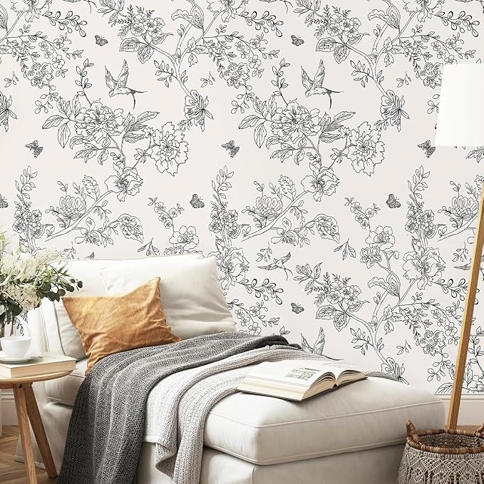 Froluya Black and White Floral Wallpaper Peel and Stick 17.7in×118.1in | Vintage Floral Contact Paper Boho Flowers Birds Removable Self Adhesive Decorative Wallpaper for Bathroom Cabinets - Image 7