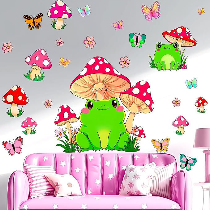 Frog Mushroom Butterfly Wall Decals, Floral Flowers Nursery Wall Stickers | Adorable forest butterflies flowers peel and stick wall decor, removable vinyl wall art mural for kids bedroom preschool - Image 3