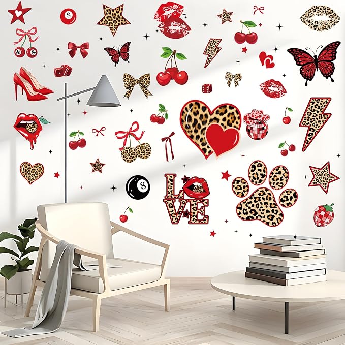 Wxiben Red and Leopard Room Decor - 200 Pcs Cheetah Print Wall Decals, Cherry Cheetah Stickers, Coquete Peel and Stick Wall Decals for Home Bedroom Living Room Apartment Dorm - Image 5