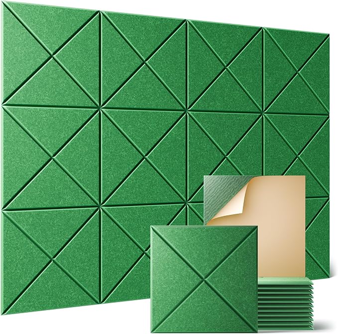 Sonicism 12 Pack X-Lined Acoustic Panels with Self-Adhesive, 12"X 12"X 0.4" Sound Proof Foam Panels, Decorative Soundproof Wall Panels, Sound Absorbing Tile for Home & Offices, Forest Green by Sonicism