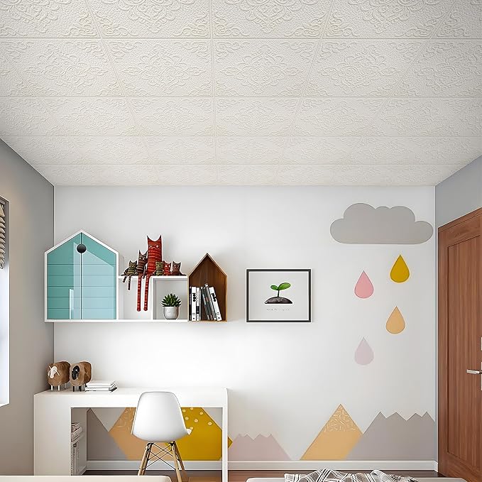 Peel and Stick Ceiling Tiles, Ceiling Tiles Foam 16 Pcs 3D Wall Panels | Covered 21 Sq.Ft, Easy to Install and Cut for Ceil & Interior Wall Decor, Symmetra Bloom Pattern (13.8 x 13.8 inch) - Image 6