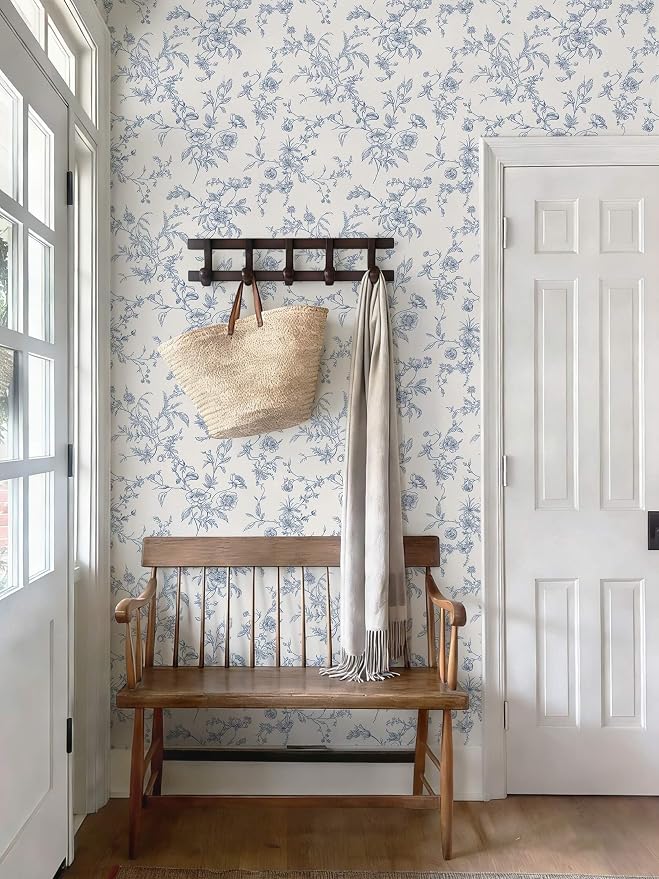Ismoon Peel and Stick Wallpaper Floral Vintage Stick on Wall Paper Blue and White Contact Paper for Cabinet French Textured Removable Self Adhesive Wallpaper Vinyl for Bedroom Wall Deco 17.3 x 196in - Image 4