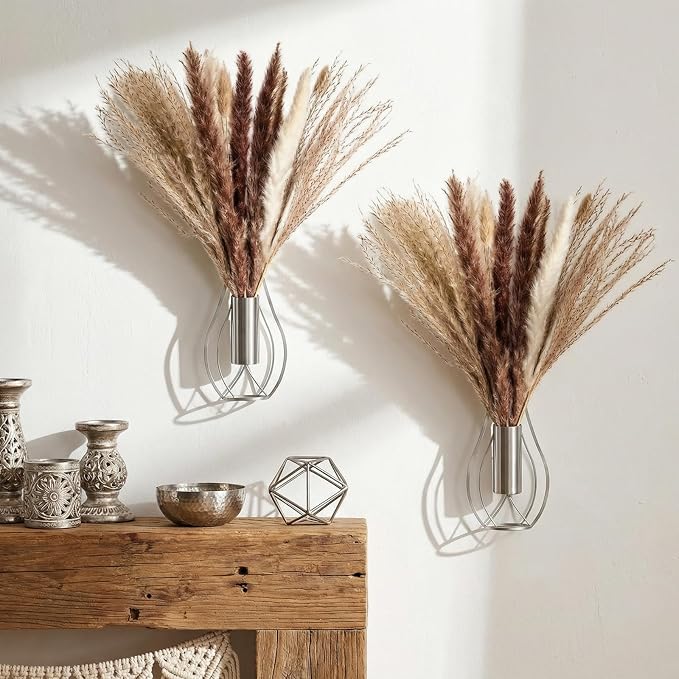 Otoolling Boho Wall Decor Set of 2 – Metal Hanging Wall Art with Faux Pampas or Eucalyptus,Minimalist Bohemian Accent for Living Room, Bedroom, Entryway(Silver,Pampas) - Image 8
