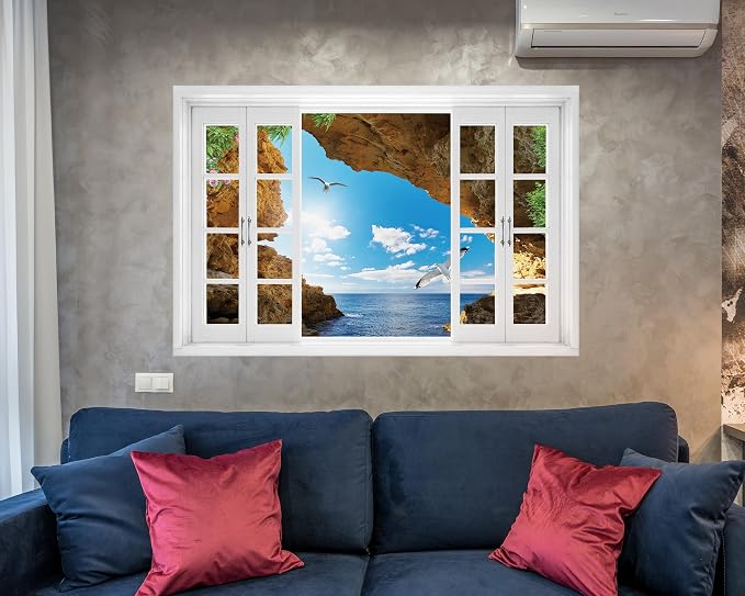 FLFK Fake Window Wall Mural - Seascape with Seagulls View Peel and Stick Decal, 48 x 32 inches, Set of 2 Sheets - Image 5