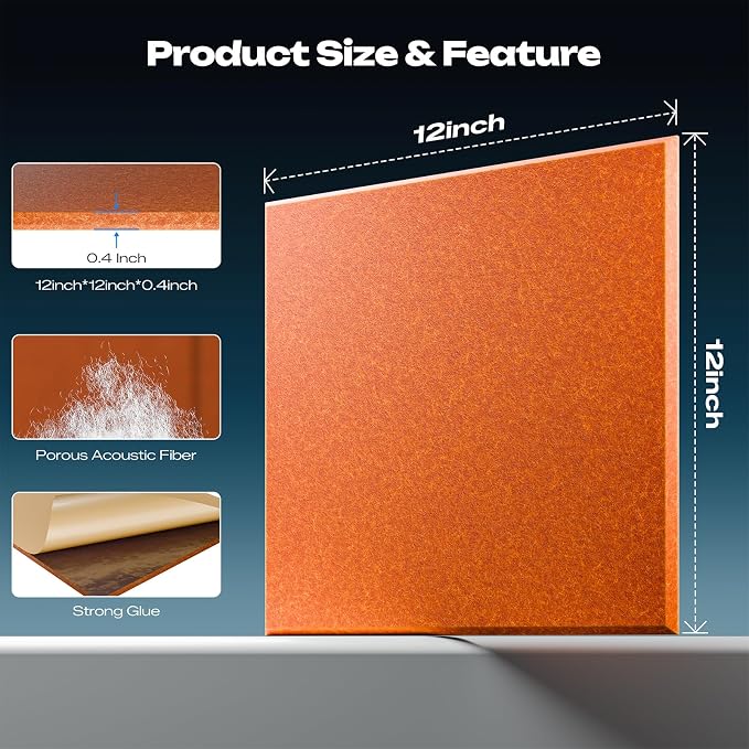 Sonicism 22 Pack Acoustic Wall Panels with Self-Adhesive, 12" X 12" X 0.4" Sound Proof Foam Panels, Decorative Soundproof Wall Panels, Sound Proof Absorbing Tiles for Home & Offices, Orange - Image 4