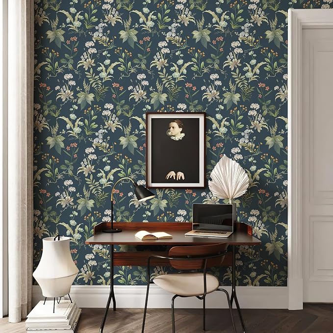 Simon&Siff Vintage Floral Peel and Stick Wallpaper 480" x 17.3" | Blue Botanical Contact Paper, Self Adhesive Removable Waterproof Wall Paper, Renter Friendly, Bedroom Cabinets DIY Decor by SimonSiff