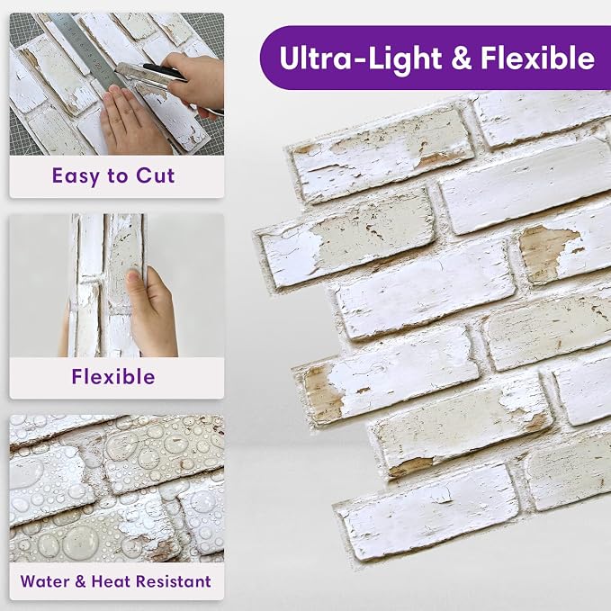 3D Faux Brick Wall Panels Peel and Stick, Designed for Quick DIY | Warm Whitewash, 10 Pcs 11.8" x 11.8", Small Brick-Look, Ultra-Light Fake Brick Covering for Wall Renovation, Cover 9.7 sq ft - Image 5