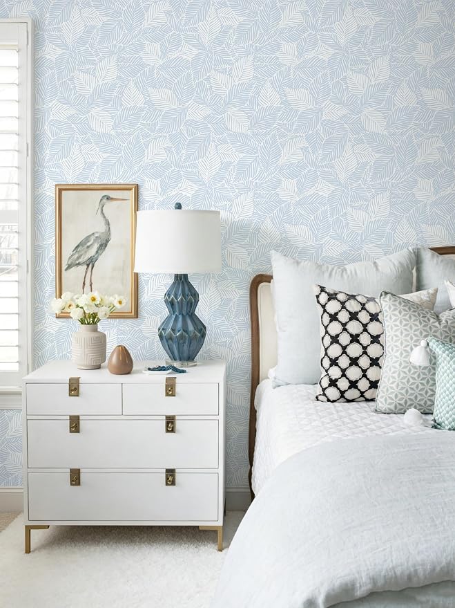 Dimoon Blue Peel and Stick Wallpaper Geometric Contact Paper for Bathroom Kitchen Striped Botanical Stick on Wall Paper Leaf Boho Removable Wallpaper Renter Friendly Vinyl Waterproof 17.3''x197'' - Image 3