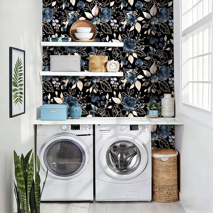 Black Gold Floral Peel and Stick Wallpaper 17.7"x393.3" | Removable thick vinyl, dark botanical design with navy blue flowers, bedroom, bathroom, renter friendly accent walls - Image 7