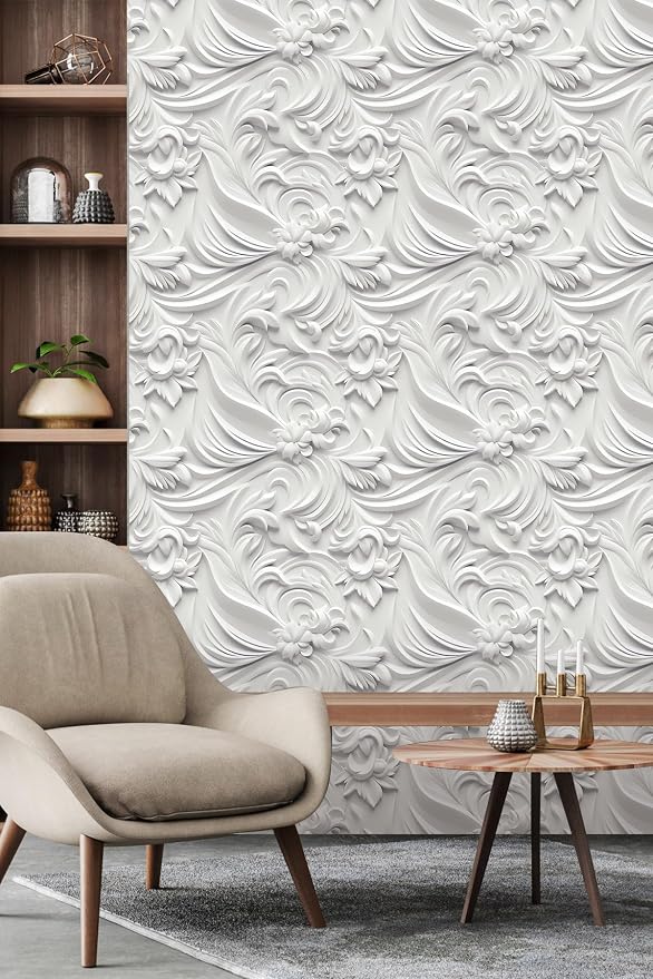 Peel and Stick Wallpaper White Gray Scroll Floral Accent - Image 3