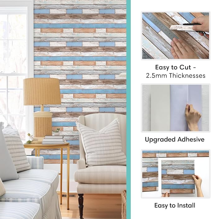 Commomy Faux Wood 3D Wall Sticker Peel and Stick Tiles 10 Pcs 11.8" x 11.8" | Ultralight Thin PVC Wood Grain Wallpaper Tiles for Quick DIY Wall Paneling Decor(9.7sq.ft) - Image 5