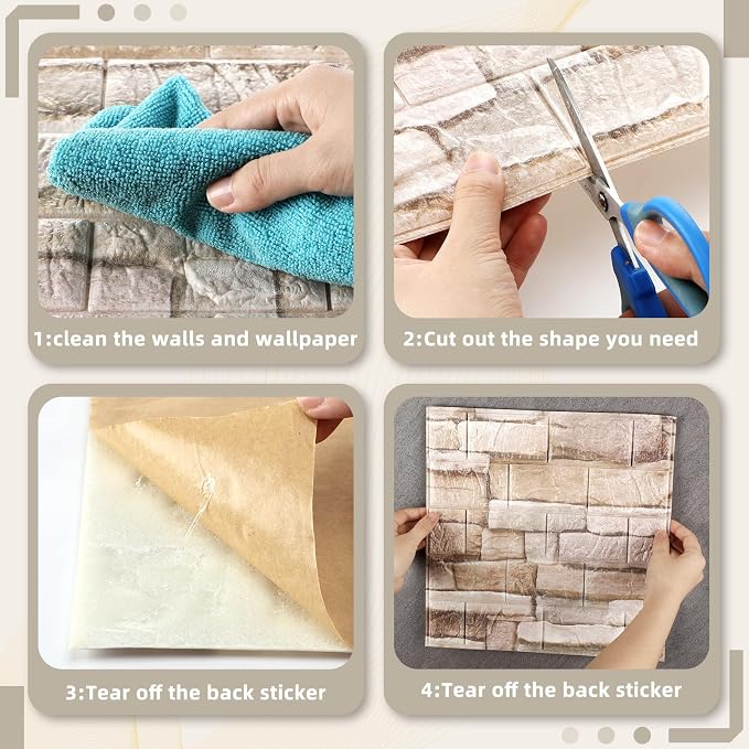 Colarr 60 Pcs 58 Sq ft 3D Wall Panels Peel and Stick Faux Foam 3D Brick Wallpaper Faux Paneling Adhesive Wall Covering Panels Decorative Medieval Tiles Waterproof for Bedroom(Brick Color) - Image 3