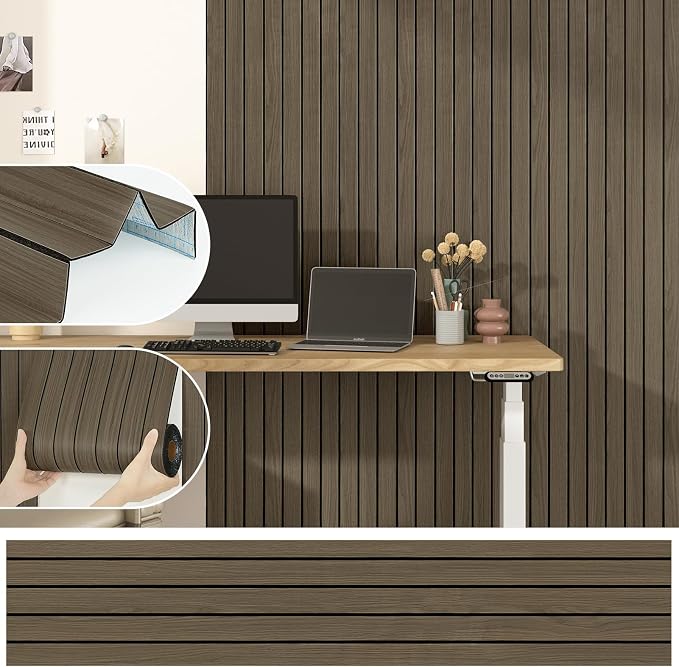 Dark Brown Wood Wall Panels Horizontal Wood Slat Contact Paper | Acoustic Slat Wall Paneling, 3D Acoustic Panels, Soundproof Foam Wallpaper for Bedroom, Bar Cabinet, Living Room, 11.8"x118" - Image 8