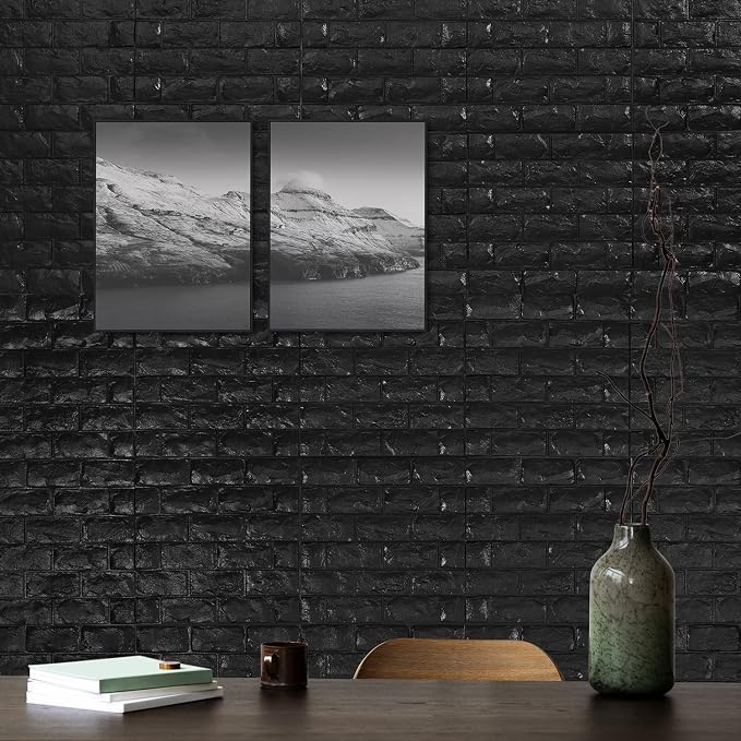 11PCS 3D Wall Panels Peel and Stick Faux Brick Wallpaper Black Self Adhesive Foam Brick Paneling Faux Stone Wall Panels (11PCS, Black) - Image 3