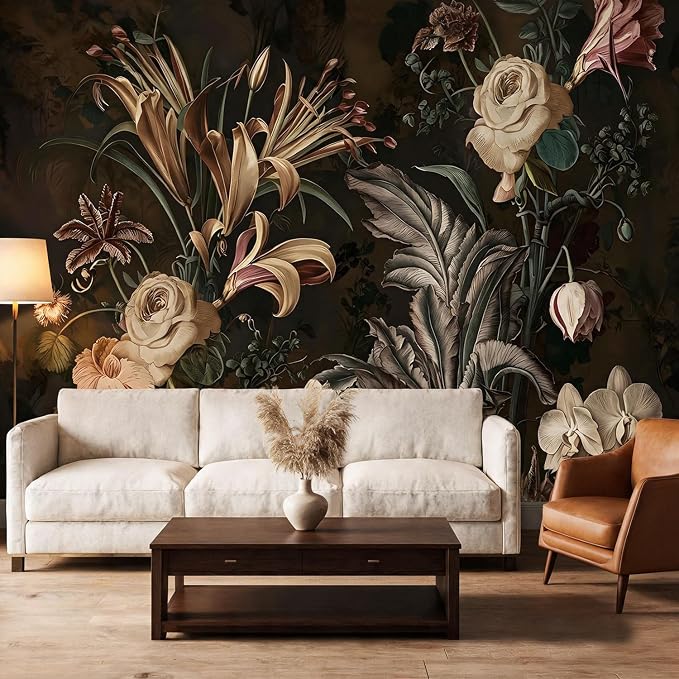 PYFFYP-Dark Flower Peel and Stick Wallpaper Vintage Plant wall murals by PYFFYP