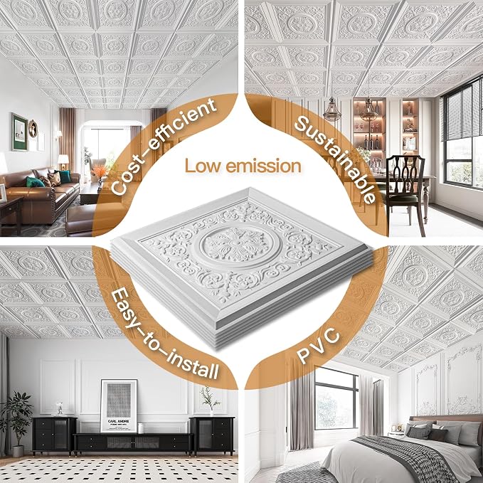 WOWSTAR 12-Pack 24"x24" Drop Ceiling Tiles, Waterproof Glue up Vintage Style 3D Ceiling Tiles, White | PVC ceiling panels, 24"x24", waterproof, glue-up install, basement kitchen bathroom, 12-pack - Image 5