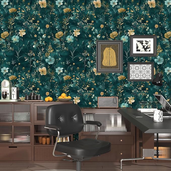Laatse Floral Leaf Vintage Wallpaper Peel and Stick 17.5" x 393", Teal Gold | Self Adhesive/Removable/Waterproof/Thick Vinyl Contact Paper for Bathroom Bedroom Shelf Cabinet Drawer,Prepasted,Easy Peel - Image 7