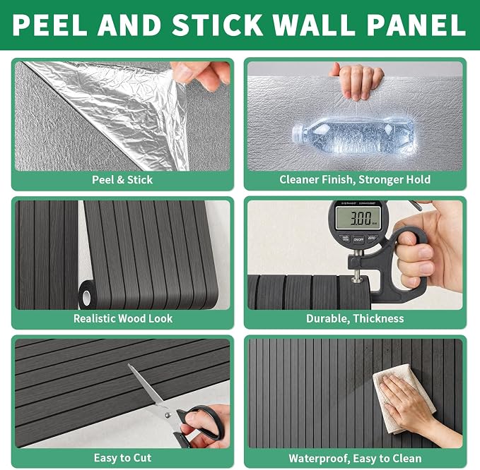 Peel and Stick PVC Slat Wall Panel 236"x15.75"(25.8 ft²) Faux Wood Slat Panels, Self-Adhesive Wood Grain Wallpaper, 3D Soundproof Wall Panels for Bedroom Bathroom Walls & Ceilings, Black - Image 4