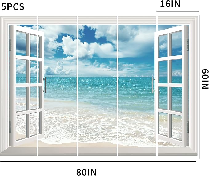 FLFK Fake Window Wall Sticker - Summer Beach Faux Window Wall Mural for Wall Decor, Stick and Peel Wall Decals,80"x60",Set of 5 Sheets - Image 2
