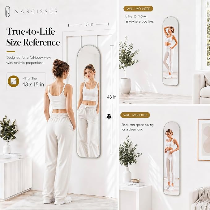 NARCISSUS Over the Door Full Length Mirror 47x14 Inch, Wall Mounted Dressing Mirror, Door Hanging Full Body Mirror HD Reflection Glass for Bedroom, Aluminum Alloy Frame Silver - Image 3