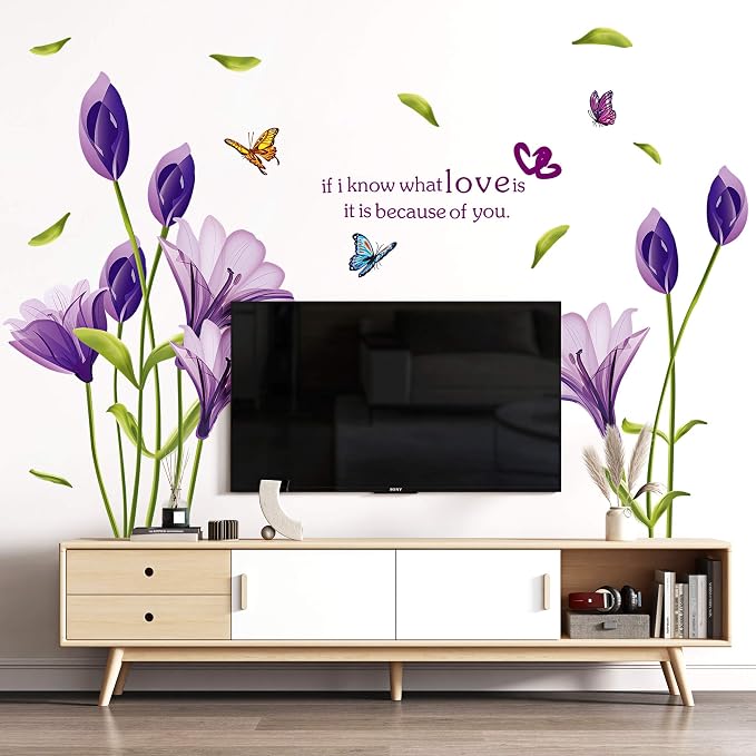 LiveGallery Beautiful Lovely Lily Flowers Wall Decals Removable DIY Butterfly Flower Vines Art Decor Wall Stickers Murals for Living Room TV Background Kids Gilrs Rooms Bedroom Decoration (Purple) by LiveGallery