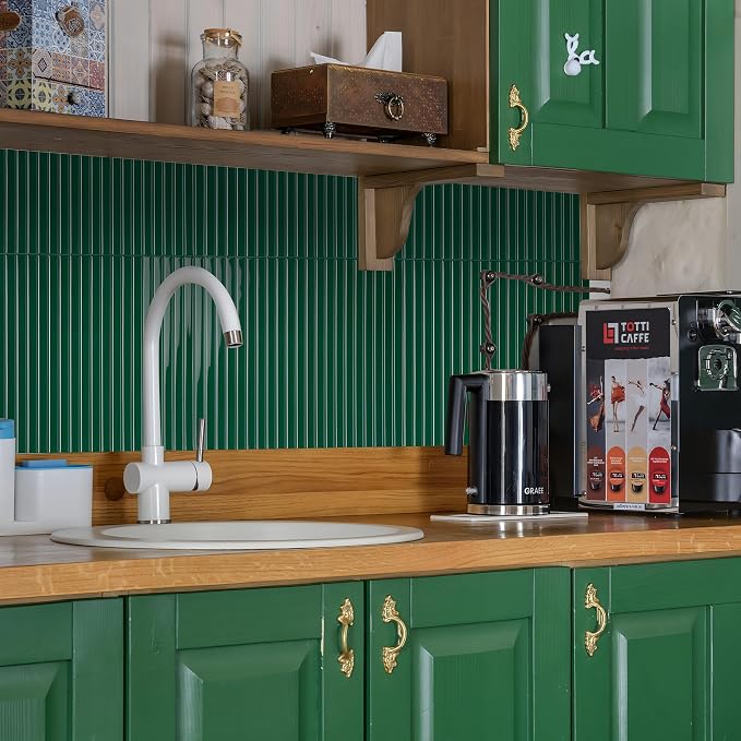 Select 5 Pack Peel and Stick Backsplash Tiles, Vinyl Self Adhesive Back | Back Splash Stick On Tiles for Kitchen & Bathroom, Linear Design 12" x 12" Wall Tiles, Hunter Green - Image 6