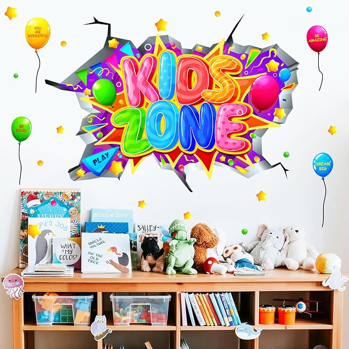 Kids Playroom Wall Decals Colorful Kids Zone Signs 3D Broken Wall Stickers | Multicolor inspirational quotes, kids room signs, peel and stick, removable vinyl art murals, for classroom nursery bedroom by kokolap