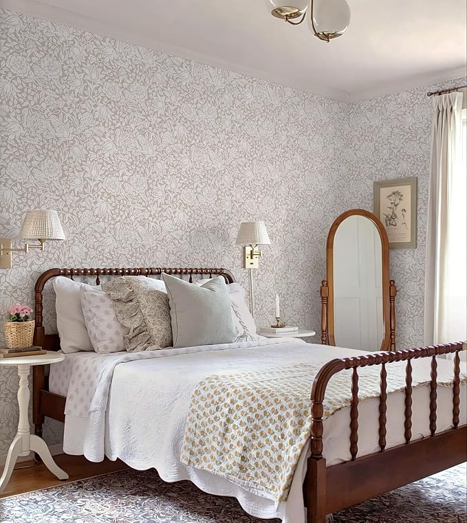 Heroad Floral Peel and Stick Wallpaper Beige William Morris Contact Paper | Vintage Botanical Wall Paper for Bedroom,17.3''x393'',Cottage,Neutral,Removable Self Adhesive Vinyl Roll for Laundry,Nursery - Image 8