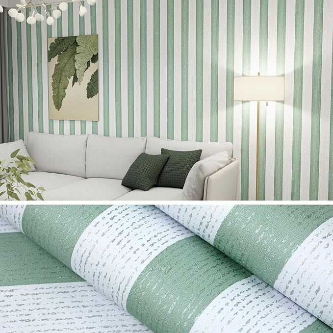 Green Stripe Peel and Stick Wallpaper A Set of 15.7" x 1181" Green and White Self-Adhesive Wallpaper Removable Waterproof Contact Paper for Cabinets,Bedroom,Nursery,Accent Wall by Biyoeepeelstickwallpaper