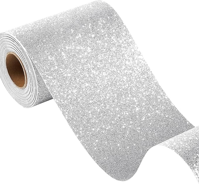 FunStick 3.9"x472" Silver Glitter Wallpaper Border Sparkle Glitter Wallpaper Peel and Stick Mirror Borders for Bathroom Wall Paper Border Sticker Silver Contact Paper for Bedroom Dresser Waterproof by FunStick