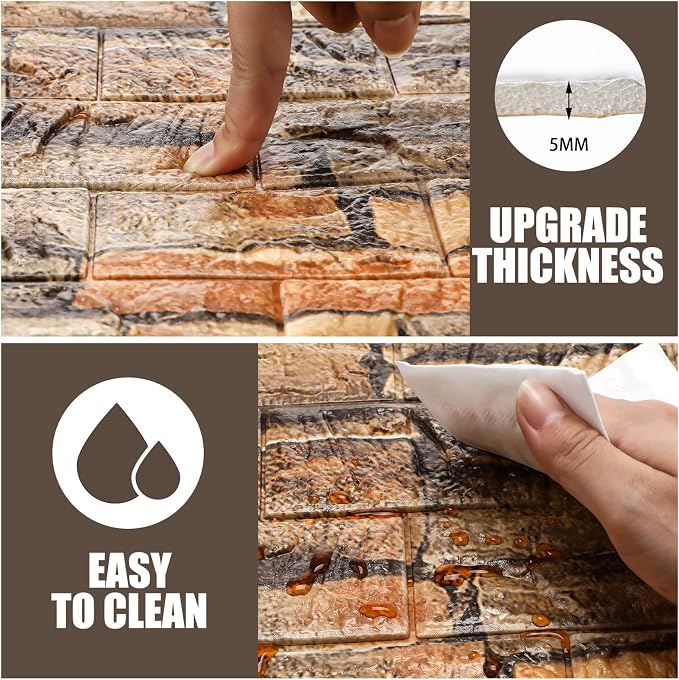 Tinlade 30 Pcs 3D Wall Panels Peel and Stick Wallpaper Foam, Rustic Brown | Faux Brick Stone Tiles, Covering 28.8-48.4 Sq ft, Self Adhesive Waterproof Panels for Bedroom Living Room Kitchen Walls - Image 3