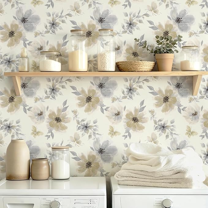 Floral Peel and Stick Wallpaper Vintage Wall Paper Neutral 17.3"×118" | Flower Contact Paper Beige Boho Wallpaper Slef Adhesive Removable Wall Paper Vinyl Waterproof for Living Room Bathroom - Image 9