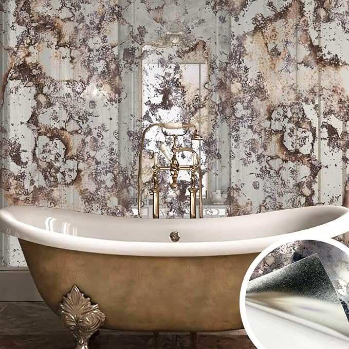 LiveInUrban Vintage Foxed Silver Rusts Antique Chrome Reflective Style Wallpaper, Grunge Peel and Stick Contact Paper for Wall Furniture Vanity Dresser Home Decor, 45.28"x59.06" by LiveInUrban