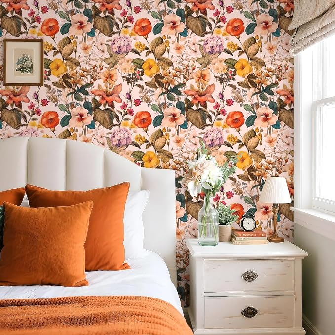 Jeweluck Floral Peel and Stick Wallpaper Vintage Floral Contact Paper Peel and Stick 16.9”x393.7” Poppy Flower Wallpaper Boho Leaf Wall Paper Removable Self Adhesive Decorative for Cabinets Vinyl - Image 4