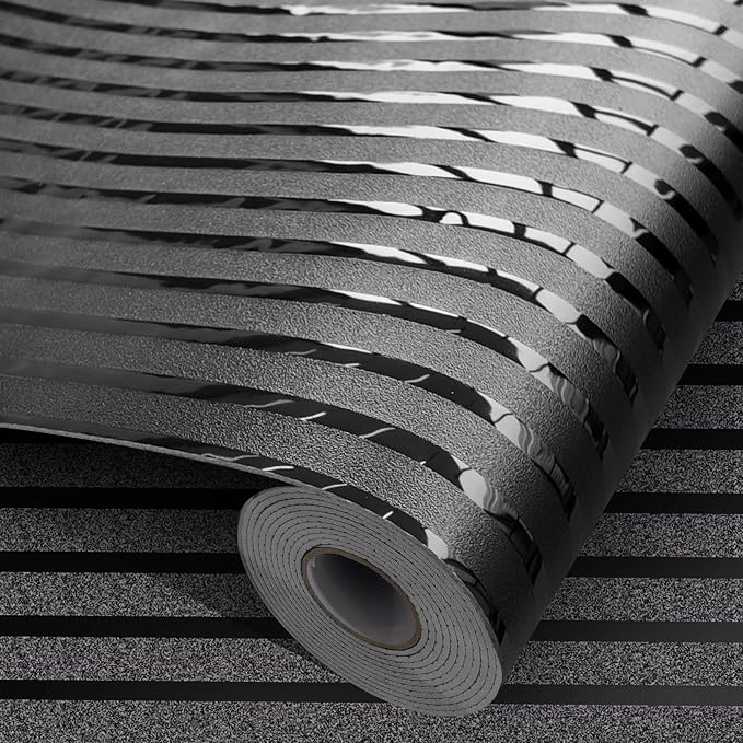 Black Metallic Peel and Stick Wallpaper Glossy Stripe Texture Wall Panels | 23.62" x 110.24" 2mm Thick Modern Embossed Vinyl Roll Waterproof Renter Friendly for Livingroom Bedroom Kitchen Backsplash by MANONIRIA