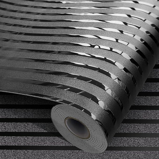 Black Metallic Peel and Stick Wallpaper Glossy Stripe Texture Wall Panels | 23.62" x 110.24" 2mm Thick Modern Embossed Vinyl Roll Waterproof Renter Friendly for Livingroom Bedroom Kitchen Backsplash by MANONIRIA