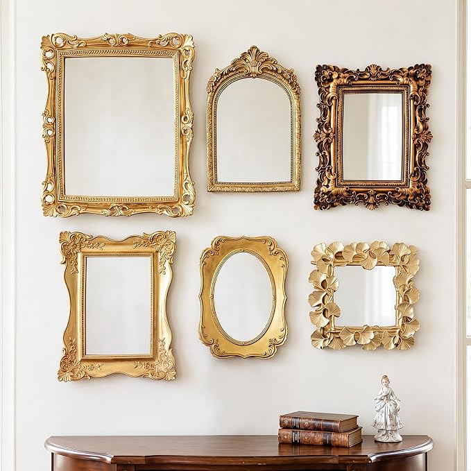 Kathfly 6 Pack Vintage Gold Mirror for Wall Gold Antique Wall Hanging Mirrors for Bedroom Decorative Resin Frame Baroque Style Assorted Sizes Tabletop Tray for Gallery Home Living Room Decor(Square) by Kathfly