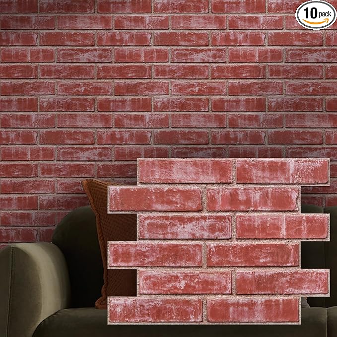 3D Faux Brick Wall Panels Peel and Stick, Designed for Quick DIY | Retro Red, 10 Pcs 15.7" x 11.8", Brick-Look, Ultra-Light PVC Fake Brick Covering Tiles for Wall Renovation, Cover 12.9 sq ft by SMOOSTIKCDECOR
