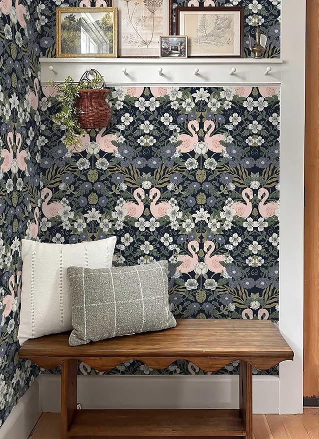 Heroad Vintage Peel and Stick Wallpaper Floral Flamingo Contact Paper Dark Blue William Morris Wall Paper Removable Renter Friendly Wallpaper for Bedroom Nursery Farmhouse Vinyl Rolls 17.3''X 196'' - Image 6