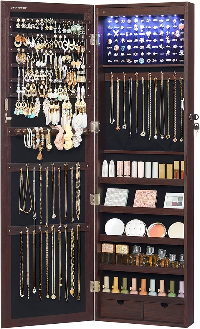 SONGMICS 6 LEDs Mirror Jewelry Cabinet, 47.2-Inch Tall, Lockable by Unknown