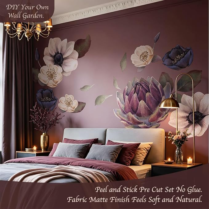 Peel and Stick Floral Wall Mural DIY for Bedroom Living Room | Dark Moody 8 Flowers Fabric Wall Decals, Self-Adhesive Freestyle Layout, Largest 47.5"x31.4" Giant Peony Rose - Image 3