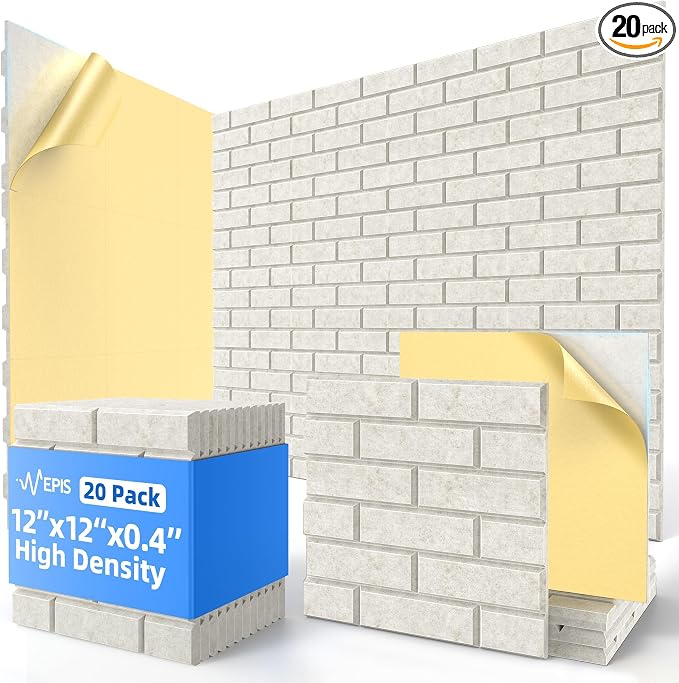20 Pack Acoustic Panels with Self Adhesive Sound Proof Foam Panels for Wall | 12" X 12" X 0.4" High Density Soundproof Wall Panels, Brick Sound Absorbing Panels for Home Studio Office Decor - Ivory by NEPIS