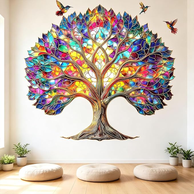 Stained Glass Tree of Life Birds Peel and Stick Wall Decals Decor Stickers | Vibrant colorful hummingbirds tree leaves roots removable vinyl wall art & murals for bedroom living room classroom office by VePret